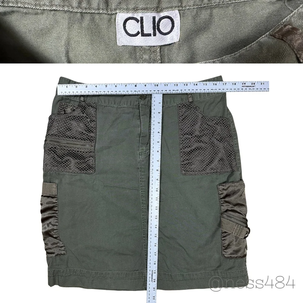 CLIO VINTAGE Cargo Mini Skirt Olive Green Utility Pockets Mesh Detail Women's L - Picture 5 of 6